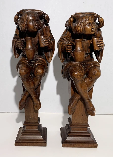 PAIR 19th Century FIGURAL CARVED WOOD ARCHITECTURAL COLUMNS Renaissance Revival