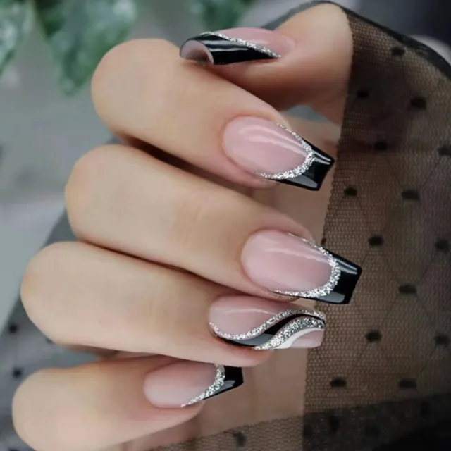 Heart Press on Nails Short French Fake Nails Glitter Black Silver Ballerina