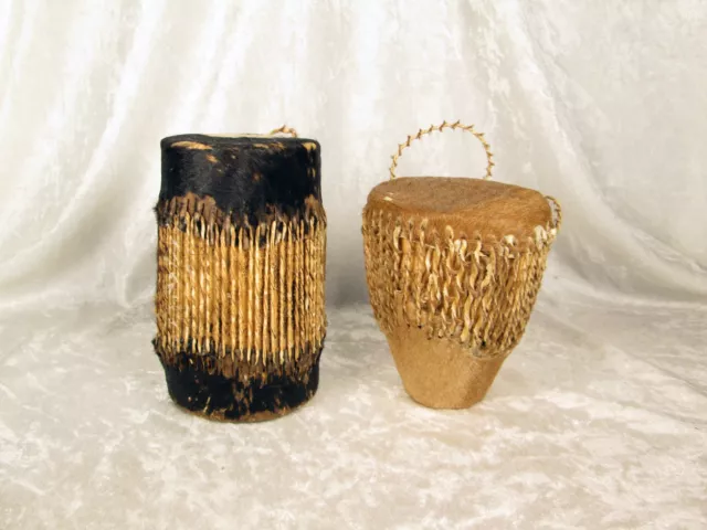 Djembe Hand Drums Pair Small African Primitive Pelt Fur Percussion 4 inch 5 inch