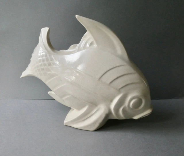 grand poisson en céramique craquelée signée Le Jan, Art Deco 1930, Saint Clément