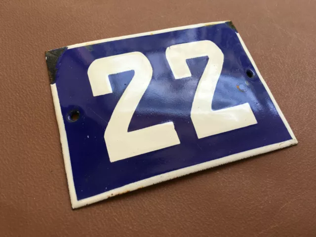 ANTIQUE VINTAGE FRENCH ENAMEL SIGN HOUSE NUMBER 22 DOOR GATE SIGN BLUE 1950's