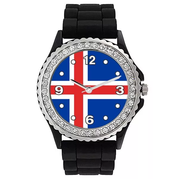 Iceland Country Flag CZ Ladies Black Silicone Band Quartz Wrist Watch S104G