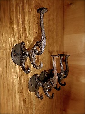 4 BROWN ANTIQUE-STYLE CAST IRON VICTORIAN STYLE WALL HOOKS rustic home decor hat