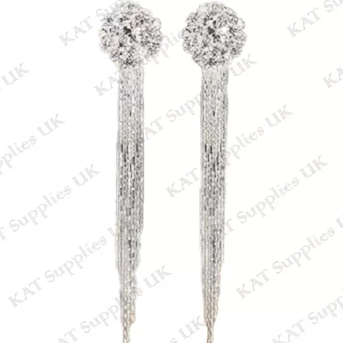 Clip On Earrings Silver Round Drop Dangle Long Tassel Crystal Non Pierced Stud