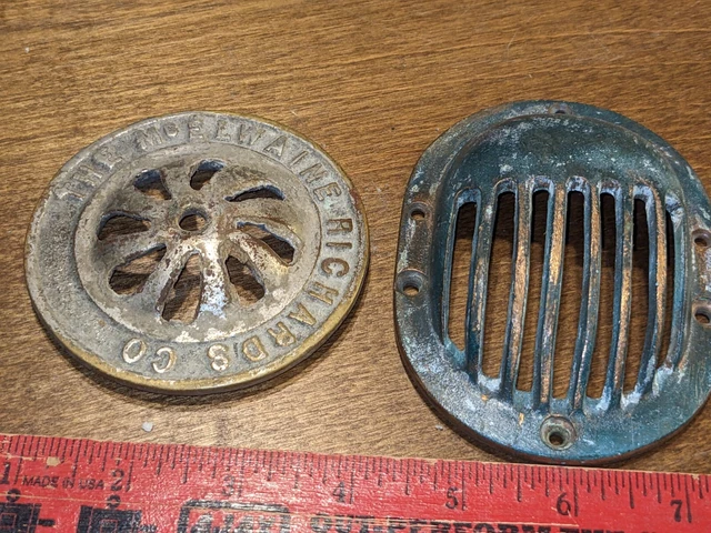 2 VINTAGE DRAIN COVERS- THE McELWAINE RICHARDS CO. & GREEN OVAL BOTH BRASS
