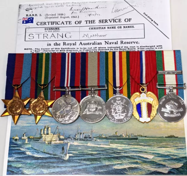 WW2 Royal Australian Navy service medals, photo HMAS Canberra Shropsshire RAN