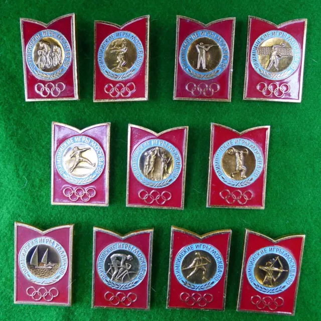 11 Gilt Metal & Enamel Soviet Sports Badges Moscow Summer Olympic Games 1980