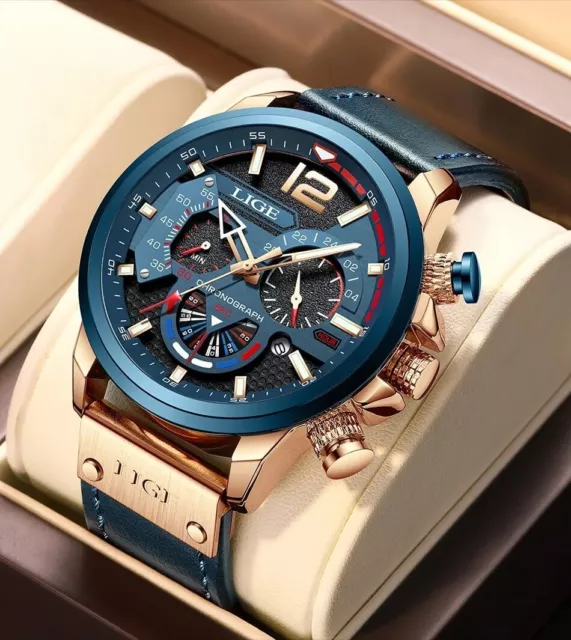 Superbe Montre Luxe Militaire Bleu Quartz Homme Date Chronographe Etanche Classe