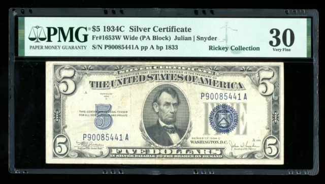 DBR $5 1934-C Silver Fr. 1653W PA Block Wide Face PMG 30 Serial P90085441A