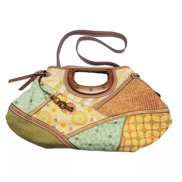 Fossil Patchwork Purse Canvas Rattan Wood Handle Leather Strap Detachable Pocket