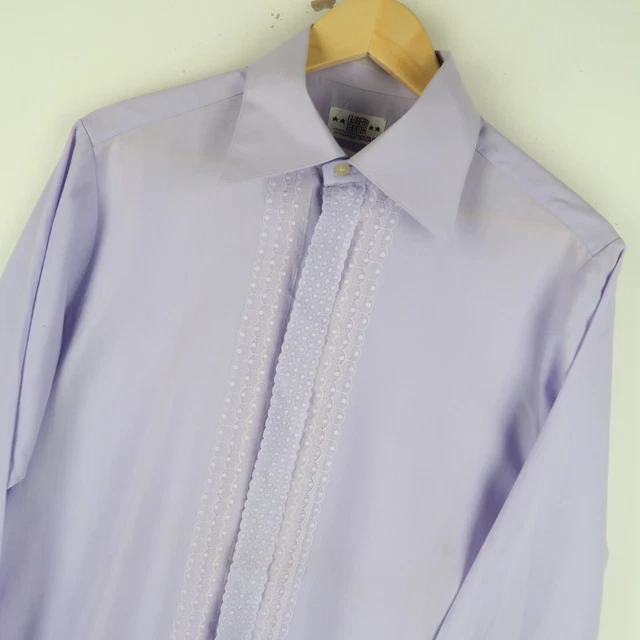 Camicia da uomo vintage anni '70 viola colletto pugnale discoteca taglia media (M577)