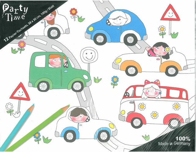 12 x Party Time Papier-Tischsets 38 x30cm zum Ausmalen Tut-Tut  zum ausmalen