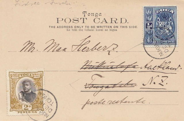 Toga: 1900: post card Neiafu to Auckland