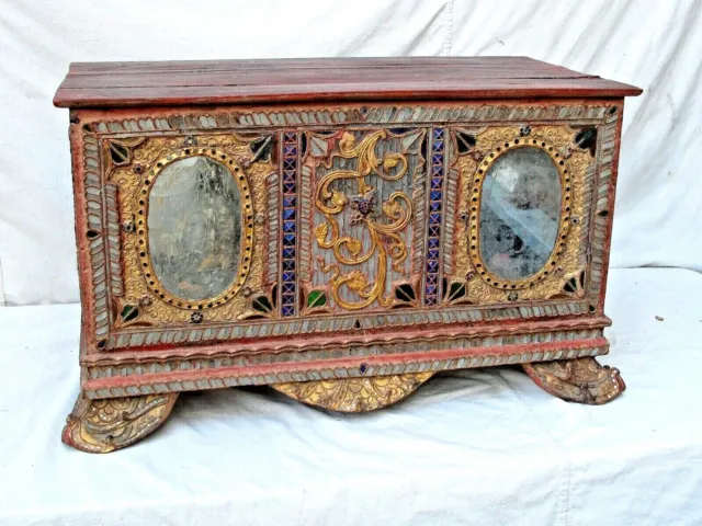 Antique Burmese Carved Wood Trunk Gilt, Mirrors and Colored Glass 19th c.