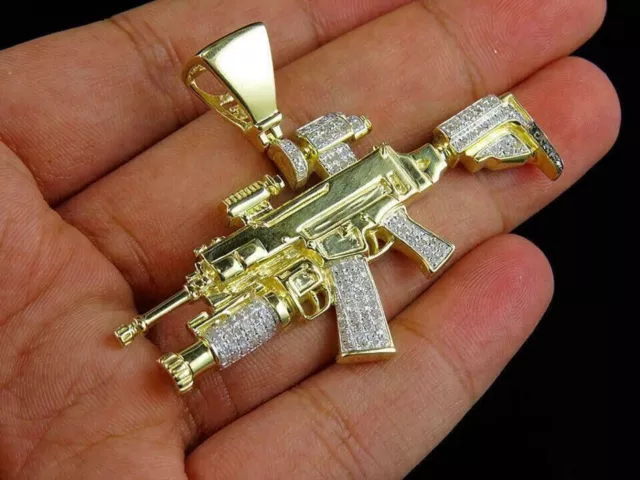 3.00 Ct Round Cut Lab Created Diamond Men's Gun Pendant 14K Yellow Gold Plated