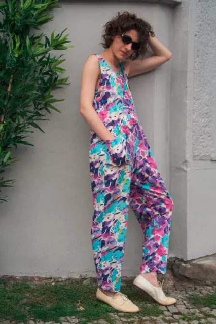 Tuta da donna motivo floreale anni '90 True VINTAGE anni '90 women jumpsuit flowers cotone 2