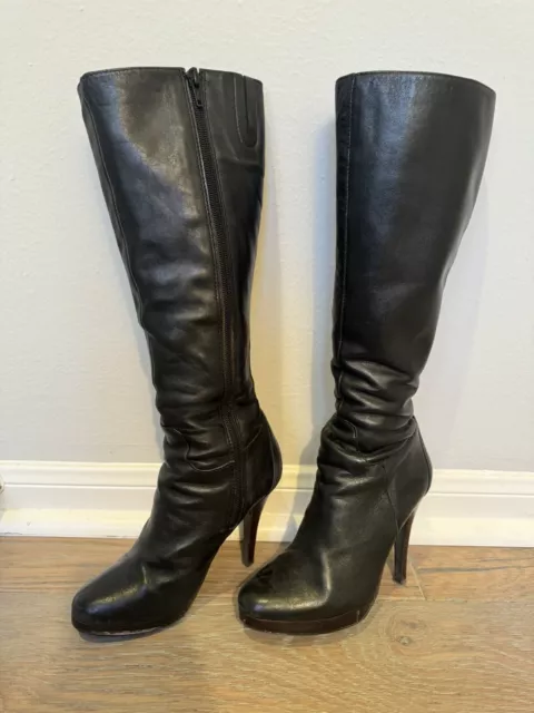 ALDO Women’s Black Leather Knee High Almond Toe Stiletto High Heel Boots Size 35