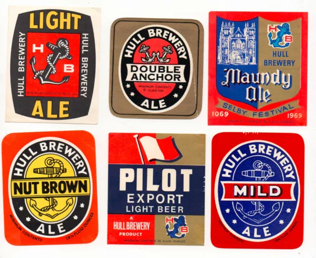 6 Hull Brewery Beer Bottle Labels from 1969 inc Maundy Ale 1969 Selby Festival