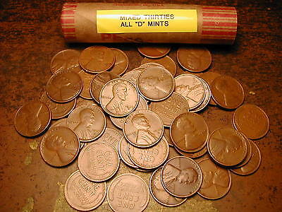 Lincoln Wheat Cent Penny Roll Mixed Thirties, All "D" Mints!!!