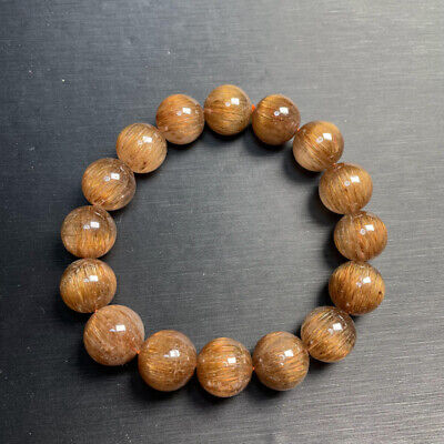 12mm TOP Rare Natural Clear Copper Hair Rutilated Quartz Crystal Beads Bracelet