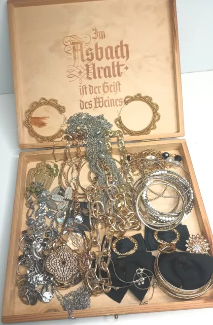 jewelry lot In A Wooden Cigar Box Filled With Brackets Earrings And Necklaces 2