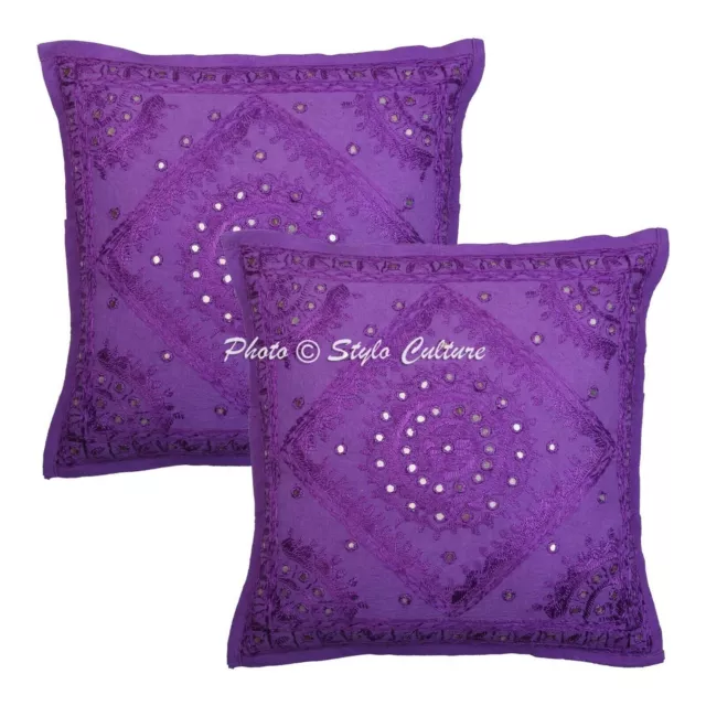 Fundas de almohada indias púrpura 16 pulgadas bordadas espejadas fundas de...