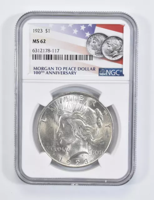 1923 MS62 MS 62 Peace Silver Dollar NGC Flag 2021 100th Ann Label *0043