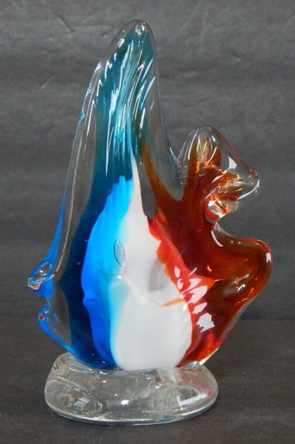 Art Glass Tropical Angel Fish with Pedestal - Red White Blue 4 3/4" Tall