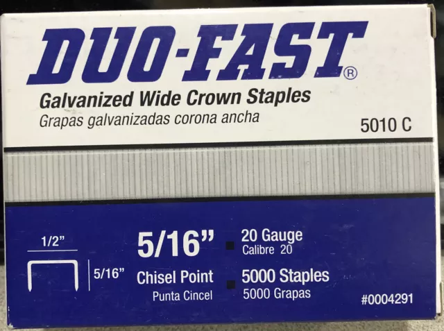 Box of 5000 Duo-Fast 5/16" x 1/2" 20 Gauge Crown Chisel Point Galvanized Staples
