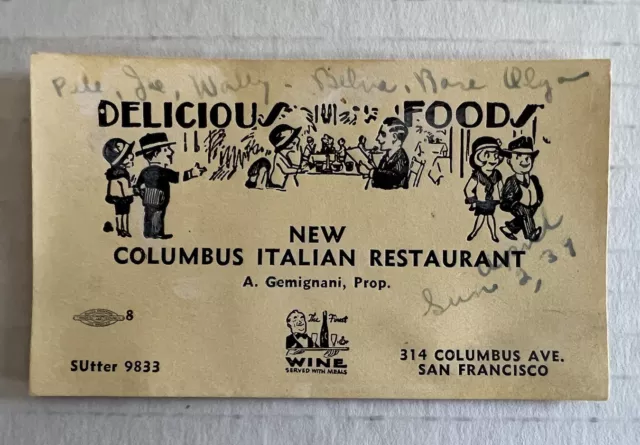 Gemignani Delicious Foods Italian Restaurant Business Card  1939 San Francisco