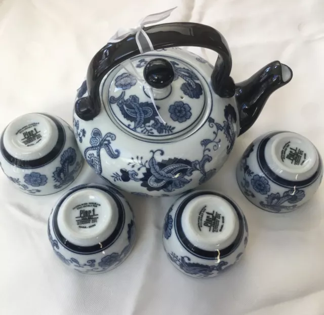 Pier One Blue China Tea Set Teapot and 3 Tea Cups Chinoiserie Tea