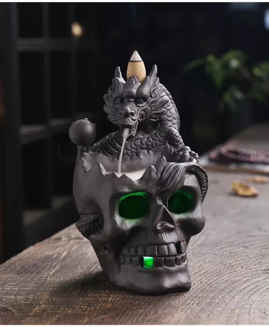 Backflow Burner Incense Cones Holder Waterfall Batteries Incld Led Skull Dragon