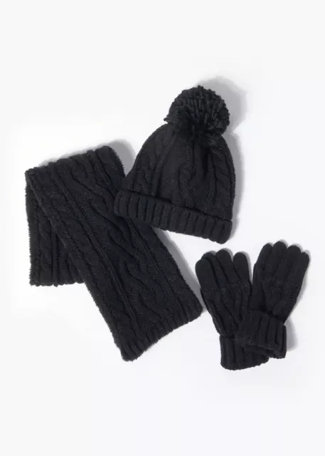 * Girls Black Cable BNWT Knitted  Hat Scarf & Gloves Set Matalan (ST40)