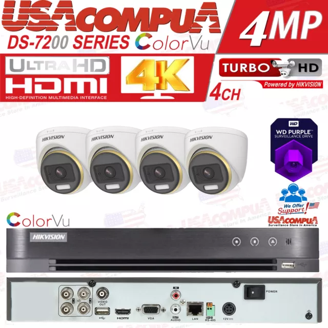 Hikvision 4K 4CH 4 Camera 2MP ColorVu HD Turret Security Camera CCTV System lot