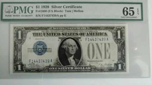 FR1600 $1.00 1928 Silver Certificate Gem Uncirculated SERIAL # F14437439 A PMG65
