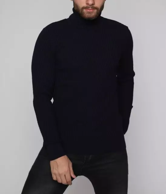 Maglione uomo slim fit maglioncino cardigan collo alto dolcevita blu lupetto M