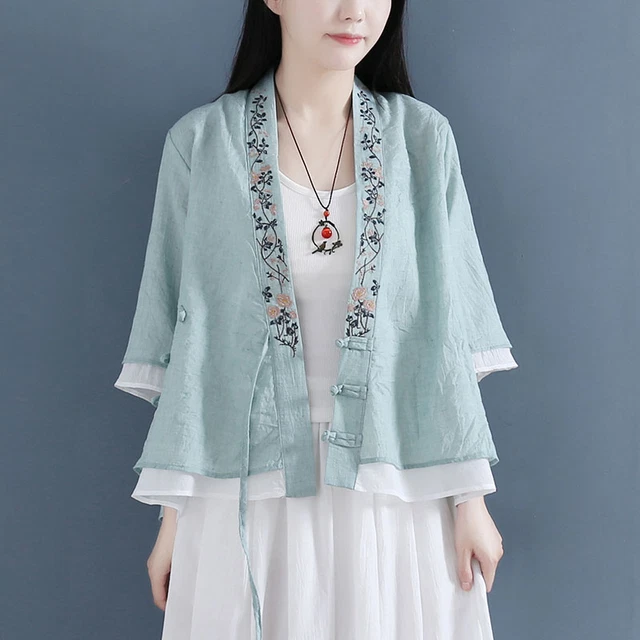 Donna Etnico Floreale Camicia Blusa Cardigan Kimono Cinese Hanfu Ttang Vestiti