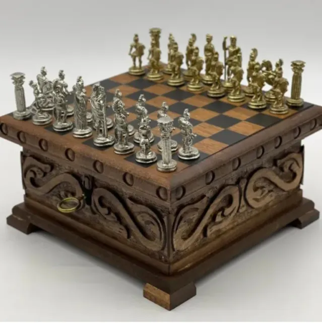 Puzzle Box Wooden Chess Set with Metal Chess Pieces by Anatolia, New in Open Box