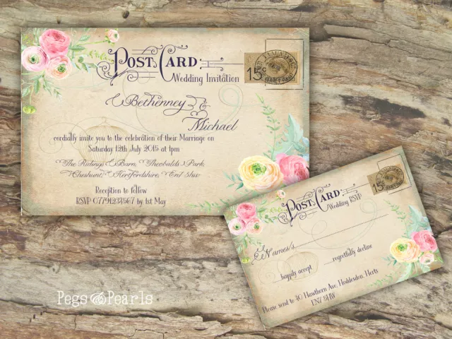 Personalisierte Vintage Postkarte Pastell Blumen Hochzeitseinladungen 10Er-Pack