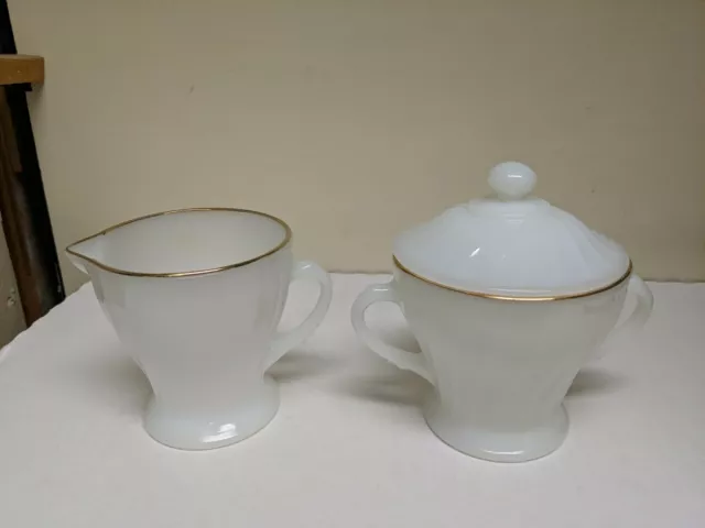 Anchor Hocking Fire King Swirl Milk Glass Gold Rim Creamer and Sugar w/Lid