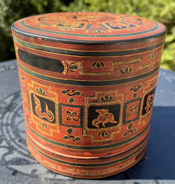 Antique Early 1900's Burmese Betel Box With Animal Designs Hand Painted Lacquer