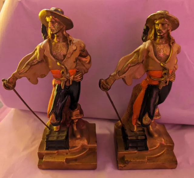 Pair 1920s Vintage Armor Bronze Swashbuckling Pirate Bookends 10” Jack Sparrow