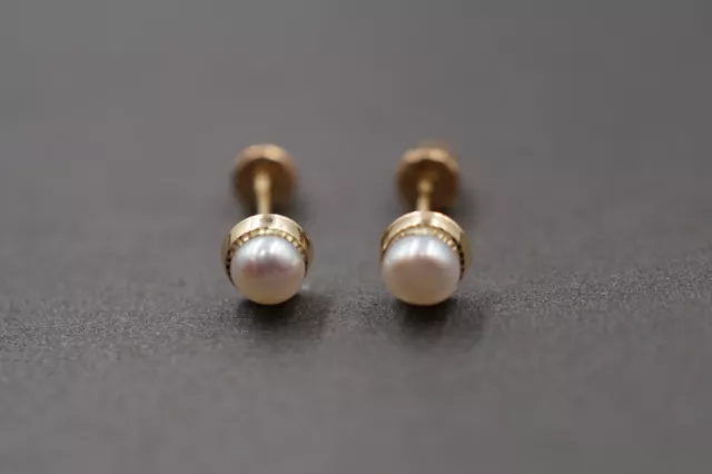 14K Solid Yellow Gold 3MM Small Dainty Pearl Screw Back Stud Earring.