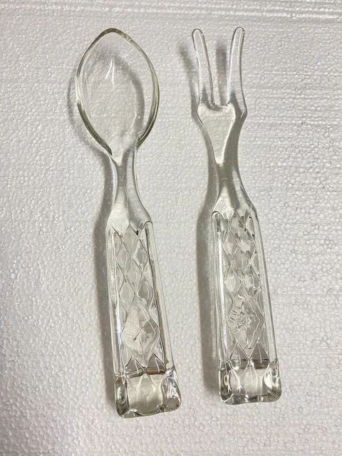 Vintage Glass Anchor Hocking Wexford Pattern Serving Salad Fork and Spoon Set