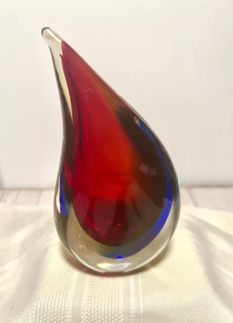 Vintage Murano Michele Onesto Signed Red Blue Clear Glass Vase