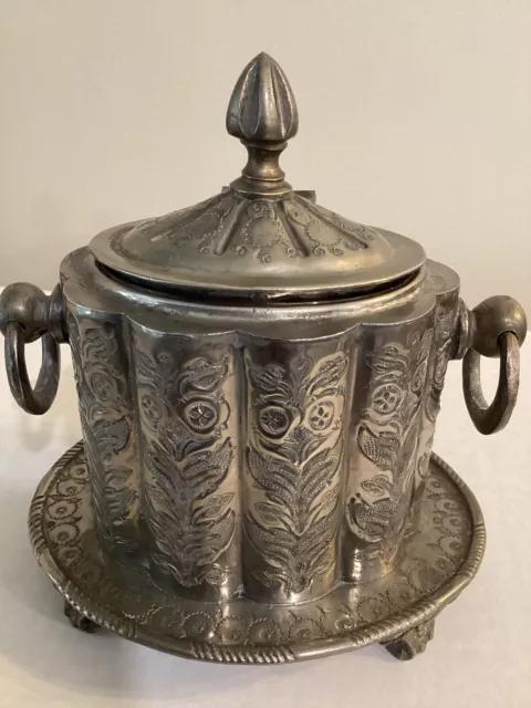 Antique Moroccan Silverplate Tea Caddy Footed, Hinged Lid With Finial,  Signed