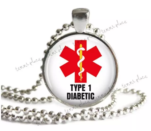 TYPE 1 DIABETIC Medical Alert Necklace Glass Top Pendant Silver Setting ...