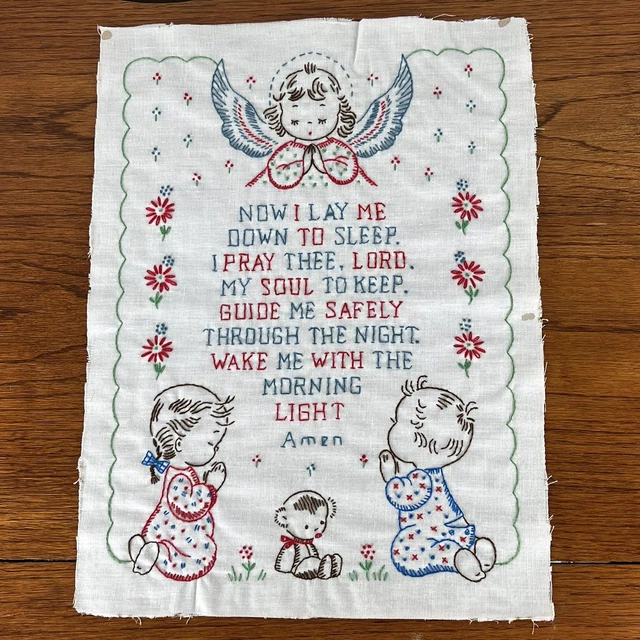 Oración Vintage Bordada Niños AHORA ME PONGO A DORMIR Ángel Oración