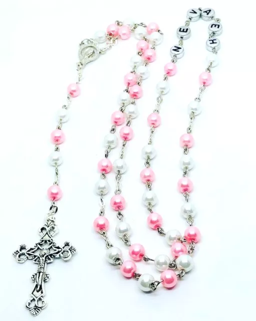 PERSONALISED Any Name 2 colour Glass Rosary beads New baby, Christening, Baptism