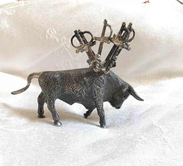 Vintage Sterling 925 Figural Bull Hors d'oeuve Toothpick Holder Picks 3 1/4"